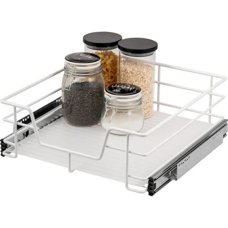Teleskopschublade für 50 cm Schrank mit Einlegeboden, aus Metall, weiß – Bild 1