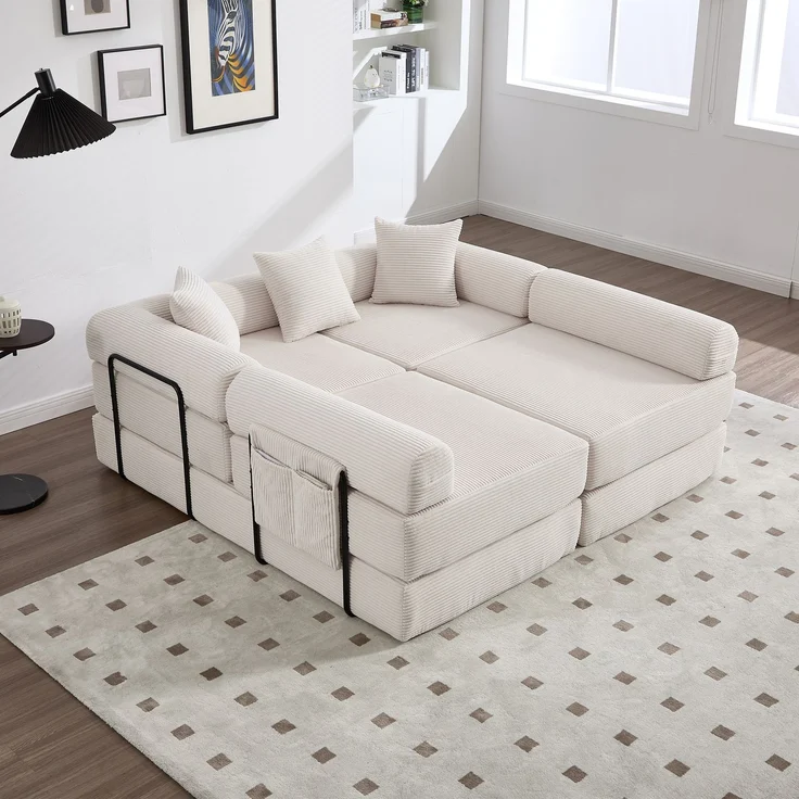 LVHOM Schlafsofa 5-Sitzer, Klappsofa mit Schlaffunktion, Bodensofa mit Seitentaschen, Ecksofa aus Cordstoff, frei Kombinierbar, Beige – Bild 10