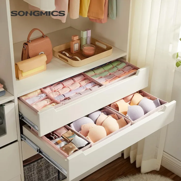 SONGMICS Unterwäsche-Organizer 8er Set, Schubladen-Organizer faltbar, Ordnungssystem Kleiderschrank, Aufbewahrungsbox Schrank, Stoffboxen Aufbewahrung, für BHs Socken Krawatten, Rosa RUSDE008P01