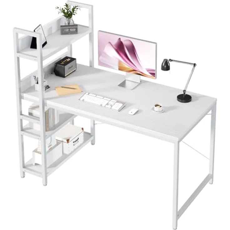 Sweetcrispy Schreibtisch mit Seitlichem Regal & Verstellbaren Füßen, 140 cm breiter Bürotisch, Starker Computertisch mit Ablagefläche, Einfacher Montage, vintagebraun – Bild 1