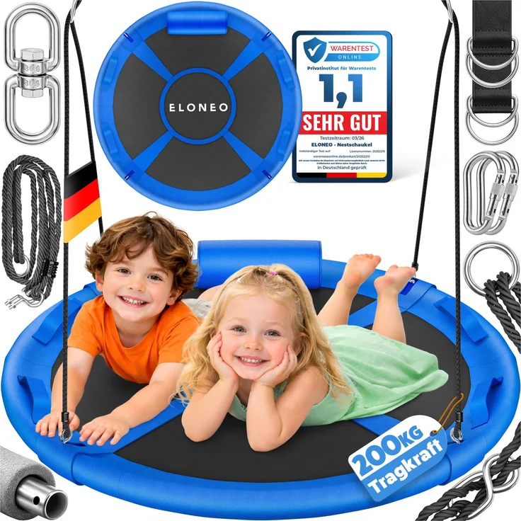 ELONEO Nestschaukel Outdoor & Indoor mit 90 oder 120 cm Durchmesser, Tellerschaukel, höhenverstellbare Hängeschaukel inkl. Kissen, Griffen und Zubehör-Set, Blau - 90cm – Bild 1