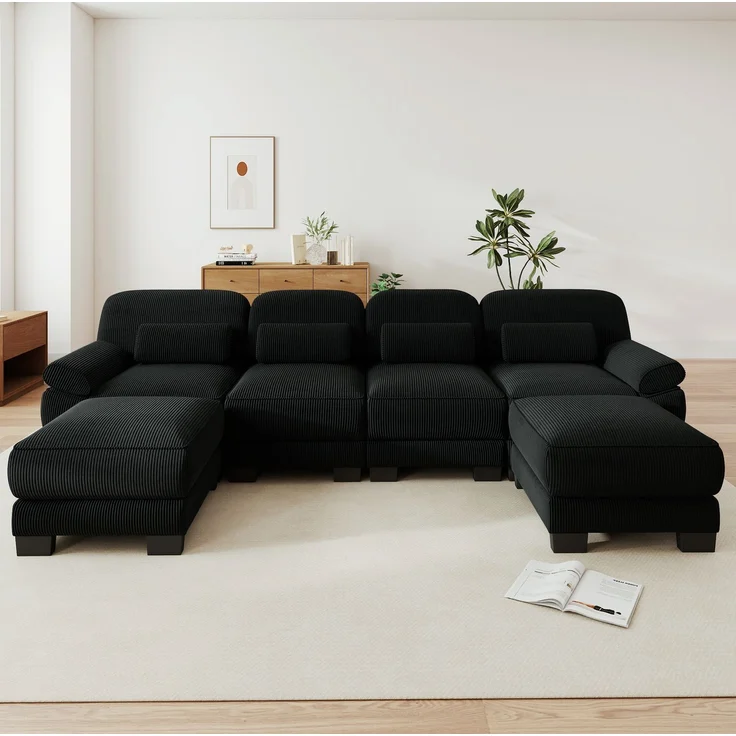 Modulares Sofa 336x161x94 cm in Schwarz mit Cordbezug, flexibler L- oder U-Form – Bild 3