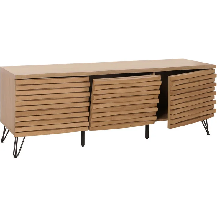 MCW TV-Rack M49, Beige, mit zwei Türen, Klappe und 4 Ablagefächern, 142x52x44 cm, modernes Design mit Kabelloch