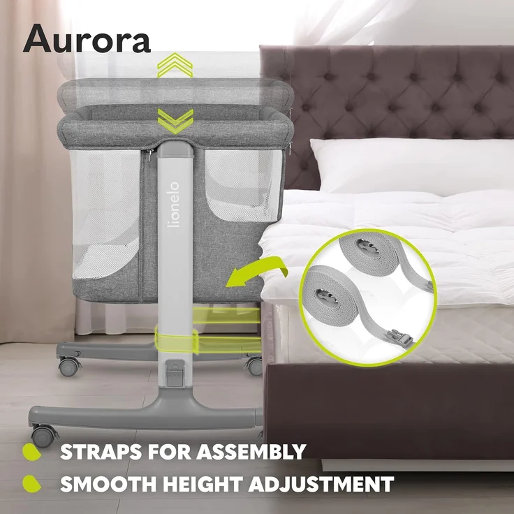 lionelo Aurora 3in1 Baby Nachttisch Co-Sleep für Babys ab Geburt bis 9 kg, verstellbare Höhe & Neigung, Matratze, 4 feststellbare Räder, atmungsaktive Mesh-Einsätze, tragbar, waschbar, Tragetasche, – Bild 6