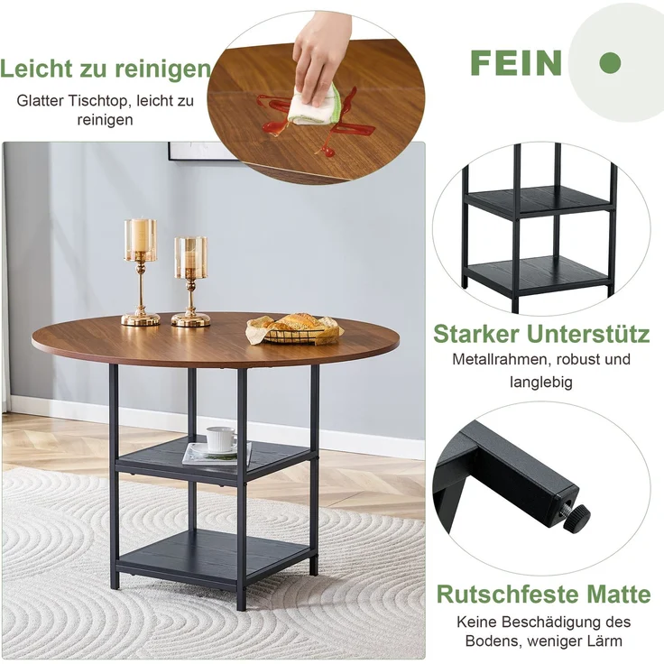 Esstischgruppe H 75 x T 107 x B 107 cm in Nussbaum-Optik mit 2 Stoffstühlen und doppelter Ablage – Bild 6