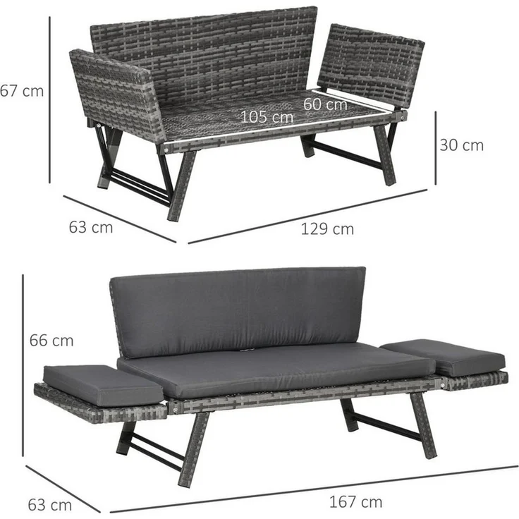 Outsunny Gartensofa Polyrattan 2 Sitzer klappbar mit Armlehnen Stahl 129x63x67cm, Gartenmöbel 1 Teile, für Garten, Balkon, Grau – Bild 3