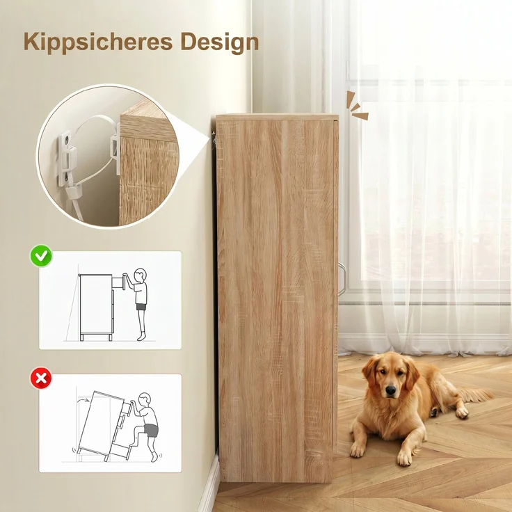 Schuhschrank mit 2 Türen, 6 verstellbare Regalböden, Soft-Close-Scharniere für 14 Paar Schuhe, Naturholz--Naturholz--108x35x55cm--YOUDENOVA – Bild 9