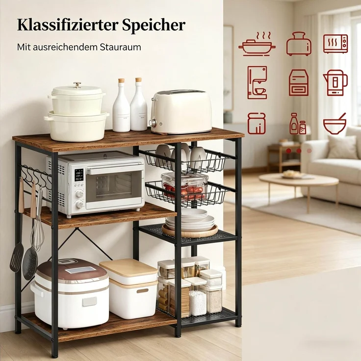 DESVIAE Regal mit Arbeitsplatte und Drahtkörben 90x82x40 cm Metall und Spanplatte Schwarz-Braun – Bild 6