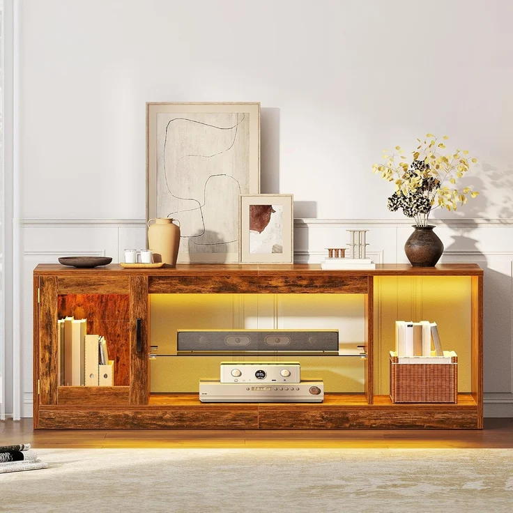 YITAHOME TV-meubel, Retro brandhout, 148 * 32 * 51cm, in hoogte verstelbare glazen Plank, 144cm RGB zevenkleurige lichtstrip, inclusief afstandsbediening met knoopbatterij – Bild 5