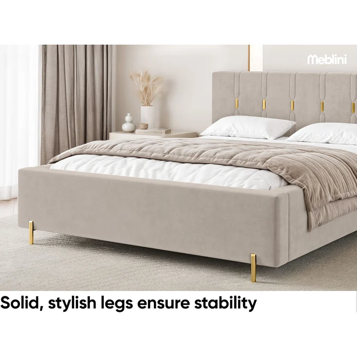MEBLINI Polsterbett 200x200 mit Lattenrost mit Matratze – FABIO – Beige Samt – Doppelbett mit Bettkasten - Stauraumbett - Kopfteil Bett mit Stauraum – Bild 5
