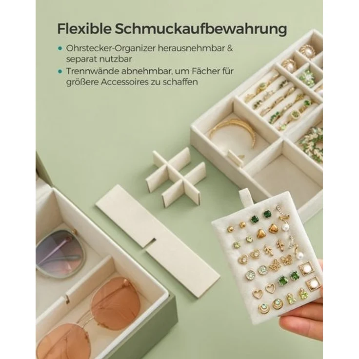 SONGMICS Schmuckkästchen 2 Ebenen, Schmuckkasten mit Griff, flexibles Schmucktablett, Schmuckbox, Schmuckaufbewahrung, schwebender Effekt, 20,5 x 24 x 11 cm, Weihnachten, lorbeergrün JBC165C02 – Bild 4