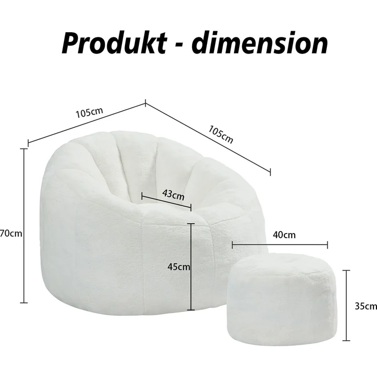 Blütensitzsack mit Fußhocker, Plüschbezug, 105x105x70 cm, Cremeweiß – Bild 3