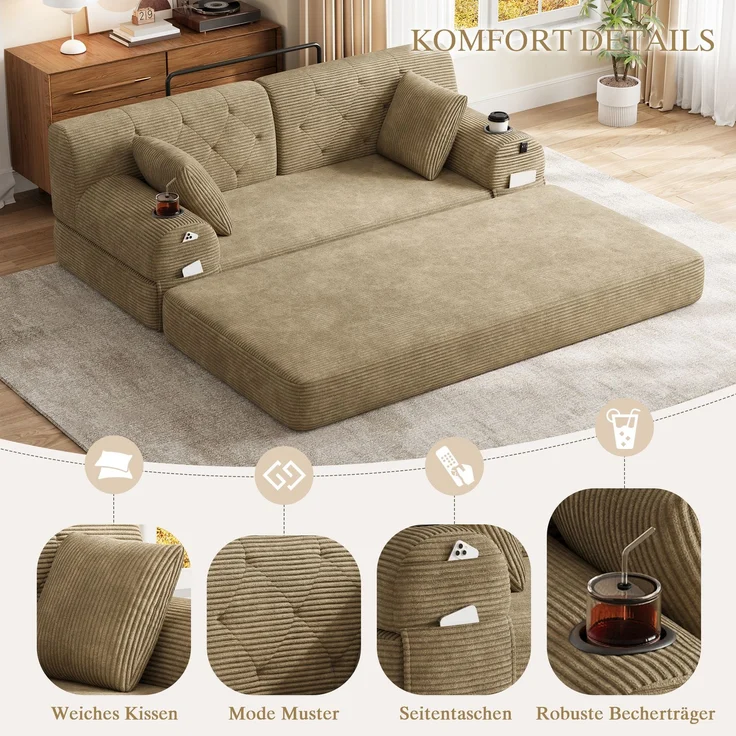 TavilaEcon 2-Sitzer Schlafsofa, komprimiertes Cord Sofa mit hoher Rückenlehne khaki 81 × 80 × 168 cm (H × T × B) – Bild 7