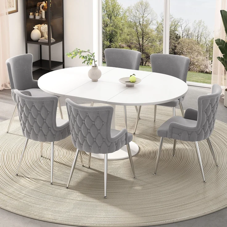 Merax Samt-Esszimmerstuhl, 2er-Set, luxuriöser Wohnzimmer-Schlafzimmer-Loungesessel mit vier silberfarbenen Metallstützbeinen, hellgrau – Bild 6