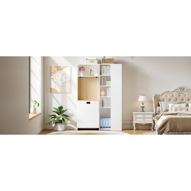 Klappbarer Schreibtisch 104,5 × 30,5 × 160 cm, 2-in-1 mit Bücherregal, EU-Steckdose & USB, 2 höhenverstellbaren Ablagen, PC-Fach, MDF, Weiß – Bild 23