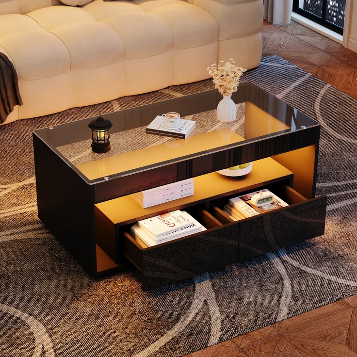 Couchtisch aus Spanplatte mit 16-farbiger LED-Beleuchtung, 2 Schubladen & gehärtetem Glas, 100x50x40 cm, Schwarz – Bild 6