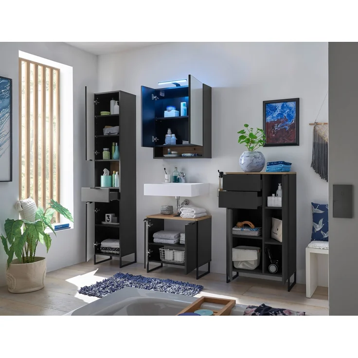 Badezimmer-Set >Denver< (4-tlg.) in schwarz / Evoke Eiche Dekor - 200x195x35 (BxHxT) – Bild 2