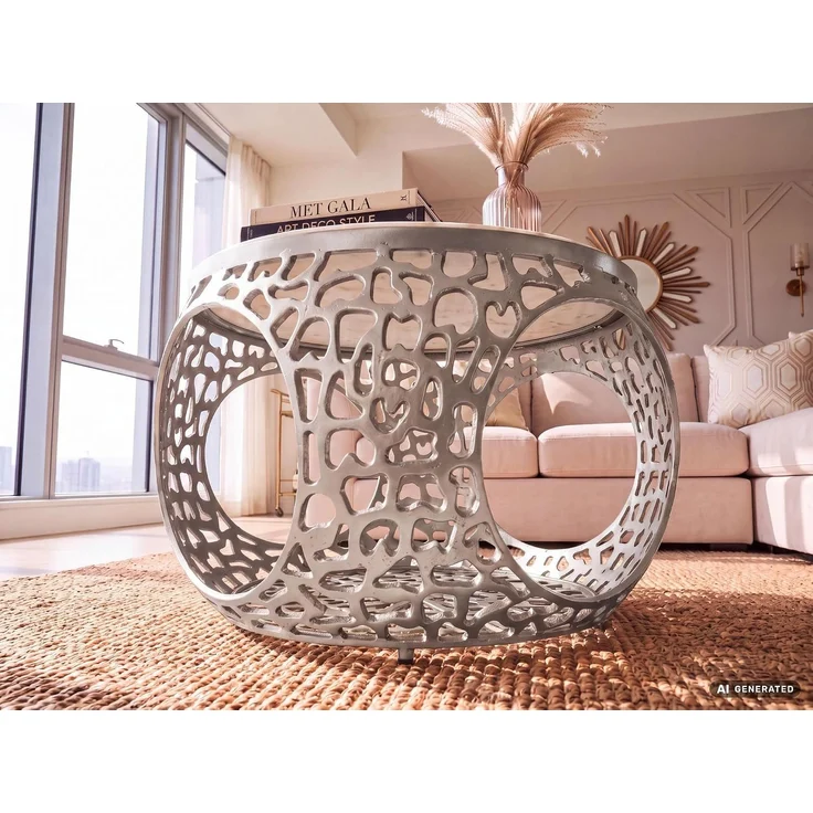 Couchtisch 60cm Aluminium Silber mit weißer Marmor Tischplatte - Runder Wohnzimmertisch mit Stauraum - Design Sofatisch - Moderner Loungetisch - Edler Beistelltisch Wohnzimmer Handgefertigt – Bild 6