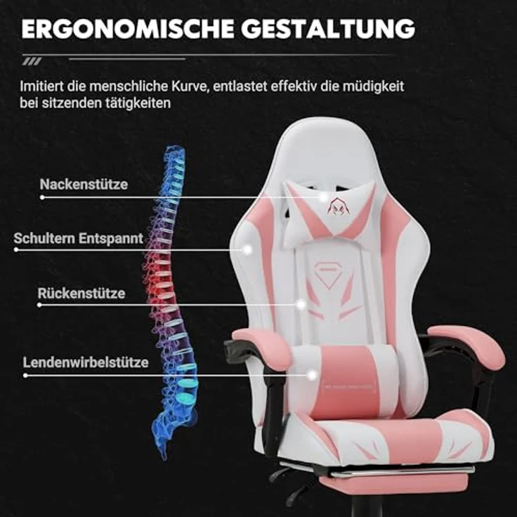 COLAMY Gaming Stuhl, Computer Stuhl mit Fußstütze und Lendenwirbelstütze, höhenverstellbarer Gaming Chair mit 360°-Drehsitz und Kopfstütze, Video Gamer PC Stuhl, Ergonomische hohe Rückenlehne, Rosa – Bild 8