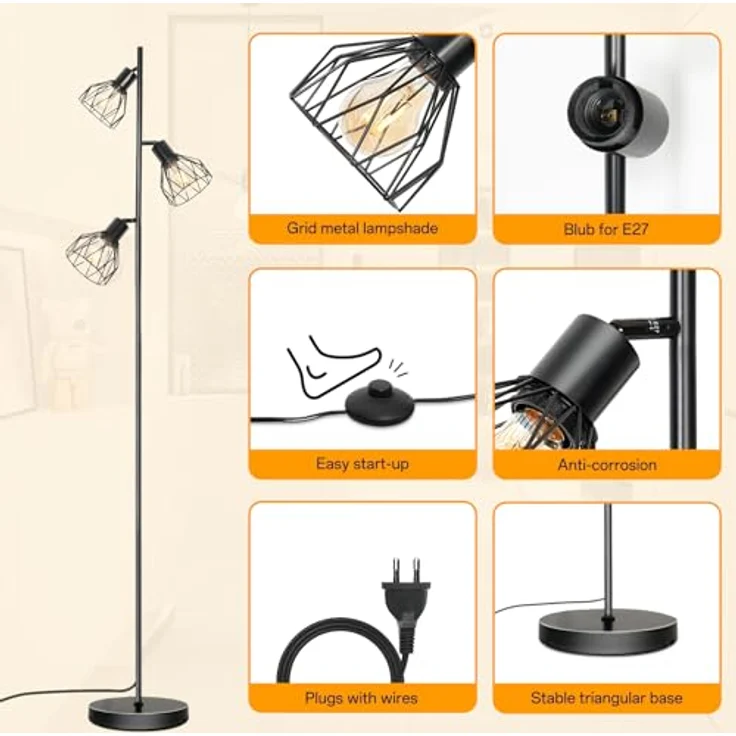 Dehobo Industrial Stehlampe Wohnzimmer Stehlampe Vintage Retro Wohnzimmerlampe Moderne LED E27 Fußsteuerung Leselicht Schwarze Einstellbare Stehleselampe für Schlafzimmer Esszimmer Ecke Ohne Glühbirne – Bild 5