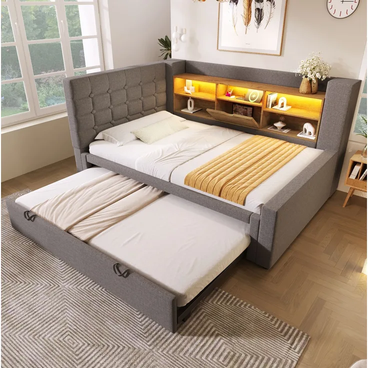 Polsterbett 90x200 cm mit Ausziehbett 90x190 cm, LED und USB-Anschluss, L-förmigem Kopfteil, Grau – Ohne Matratze