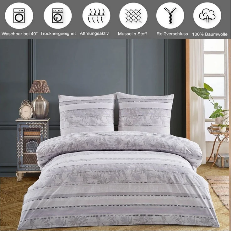 Buymax Bettwäsche Luxury, Renforcé, 2 teilig, Bettbezug-Set 100% Baumwolle 155x220 cm Reißverschluss gestreift Lila – Bild 2