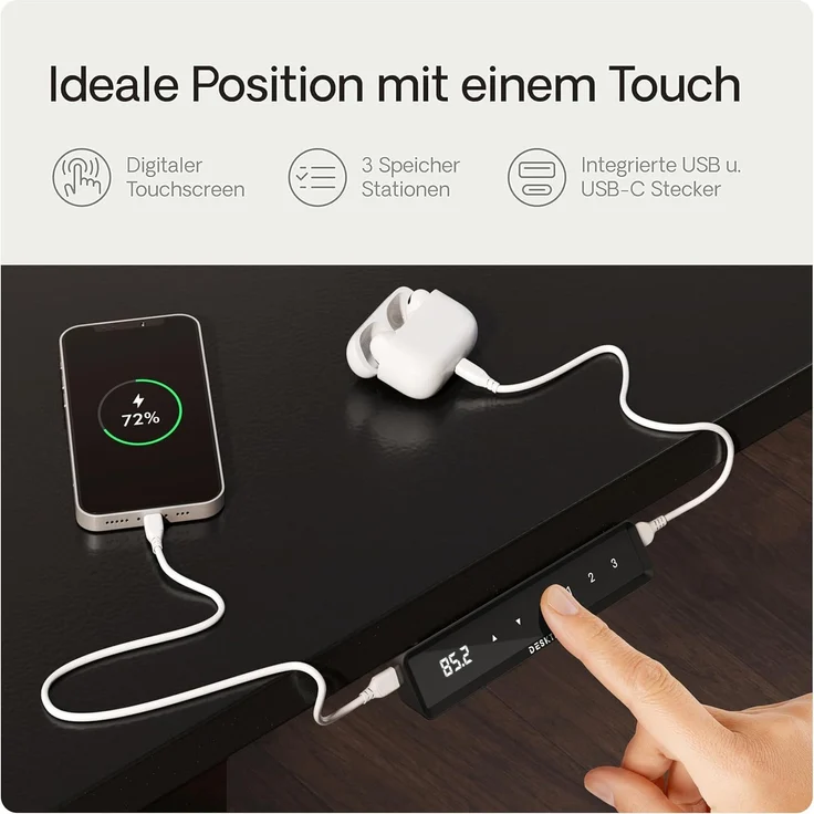 Desktronic Elektrisch Höhenverstellbarer Schreibtischgestell HomeOne, Schwarz, mit Memory-Funktion, Anti-Kollisions Technologie, USB-A und USB-C-Ladeanschlüssen – Bild 3