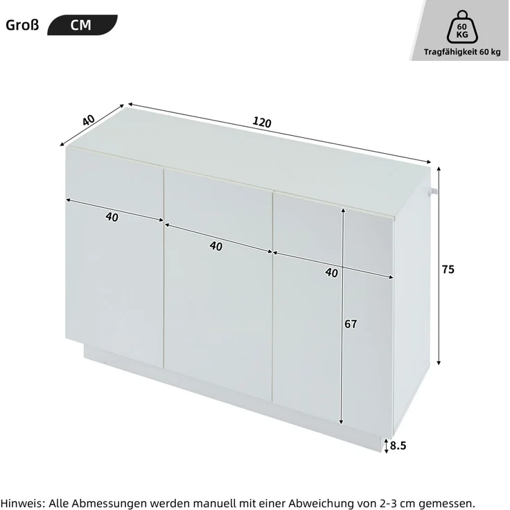 DESVIAE Sideboard mit LED-Beleuchtung und 3 Türen, 120x75x40 cm, Spanplatte, Weiß – Bild 10