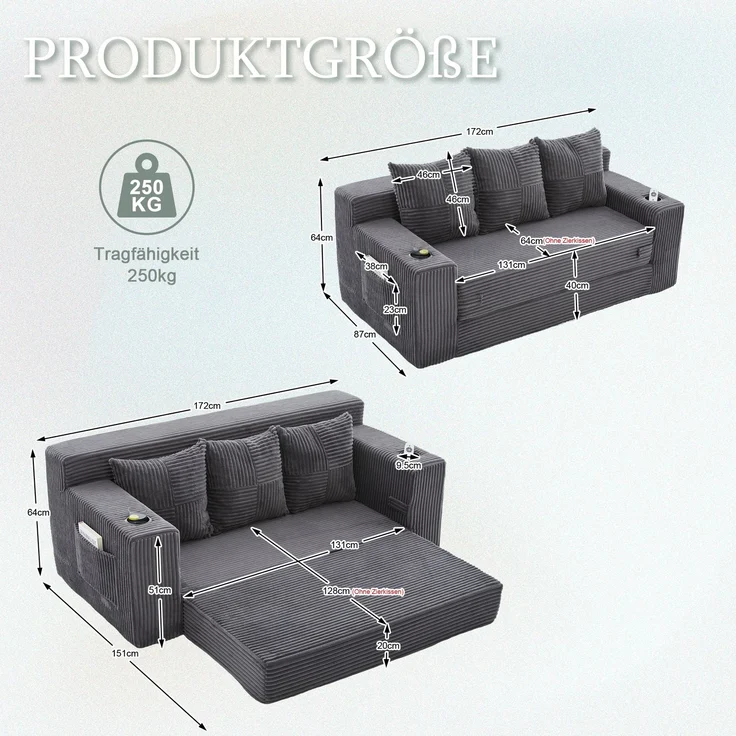 EINHOM Dreier-Sofa aus Baumwoll- und Leinenstoff, mit Getränkehalter und seitlichen Taschen, kann in drei Sitzplätze umgewandelt werden, rahmenloser Design mit gestrickten Kissen und Rückenlehne, großes Sitz – Bild 7