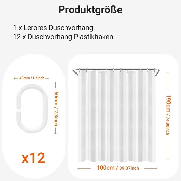 Duschvorhang 200x200cm Reinweiß Wasserabweisend Beschwerter Saum Antischimmel – Bild 2