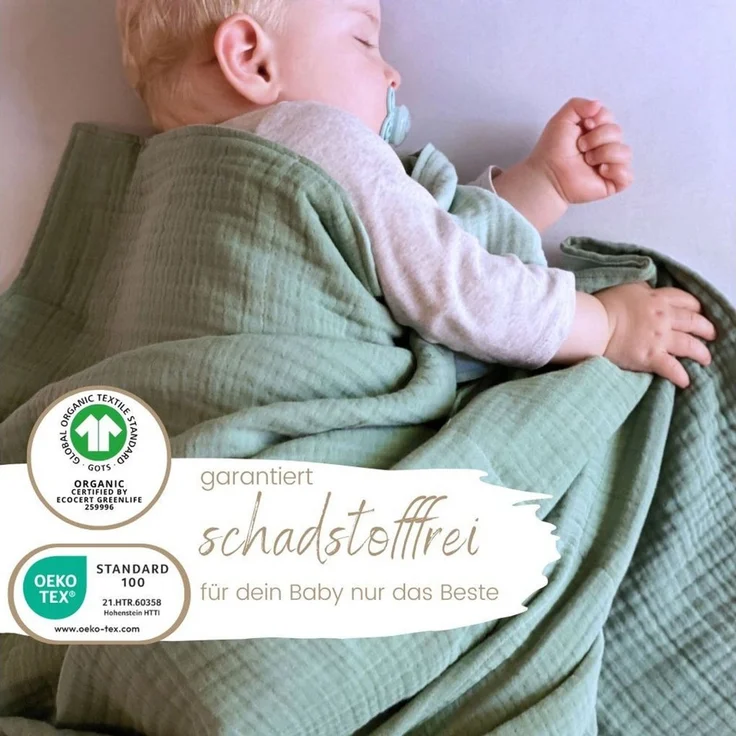 Babydecke Musselin Babydecke 6-lagig gekreppt, 100% GOTs Bio-Baumwolle, DIKOS, PREMIUM Qualität, 70x100 cm, atmungsaktiv, nachhaltig, kuschelweich – Bild 2