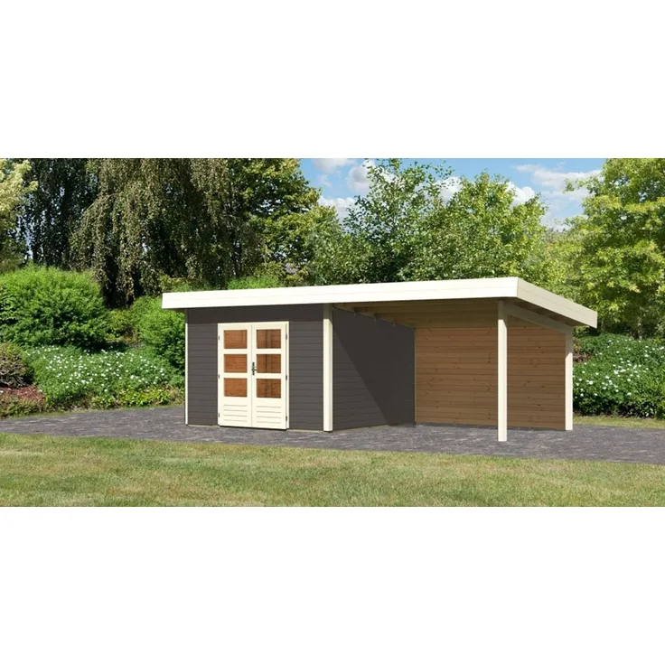 Gartenhaus Northeim 3 - 309x309 cm plus Anbaudach 3,30 m mit Rückwand, 38 mm Holz terragrau, Karibu
