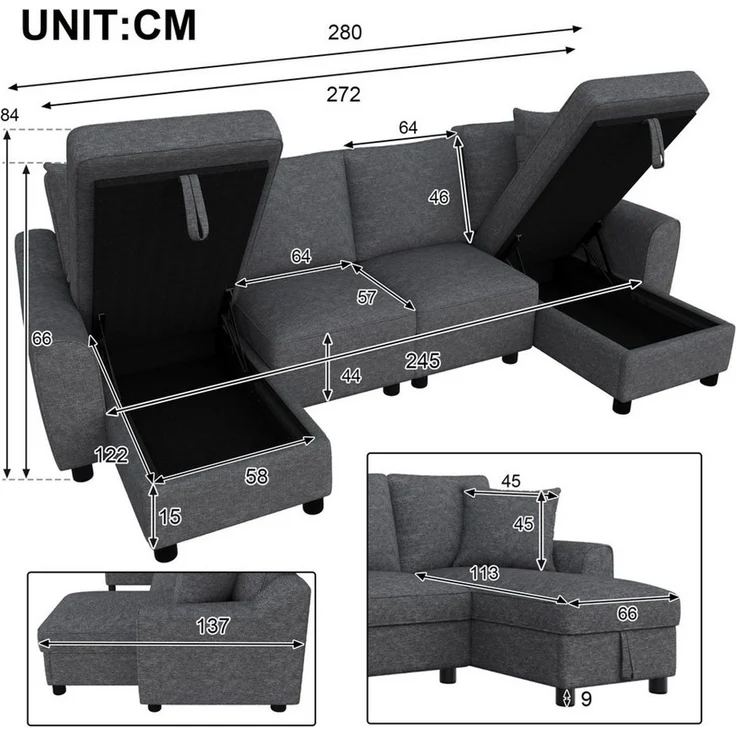 Celya Ecksofa Schlafsofa U-Form mit zwei Chaiselongues, mit zwei Kissen, mit aufklappbarem Stauraum, multifunktionales modulares Sofa – Bild 2