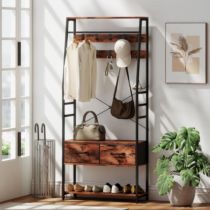 MELAYR, Garderobe mit Schuhregal, Mantelständer mit Sitzbank, 10 Haken, 80 x 30 x 180 cm, Rustikal-Braun – Bild 4