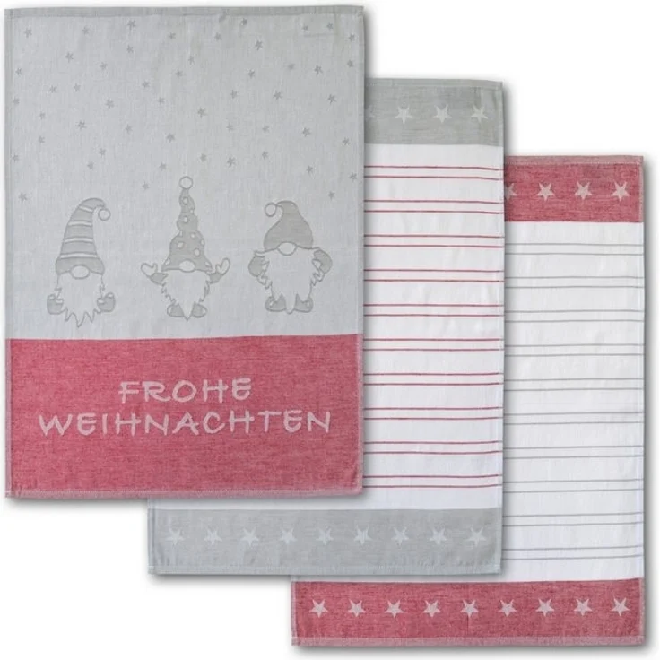 Dyckhoff Geschirrtuch Wichtel, mit Schriftzug Frohe Weihnachten, Streifen und Sternen, (Set, 3-tlg), mit 3 verschiedenen Motiven, Maße je Tuch ca. 50x70 cm, 100% Baumwolle – Bild 4