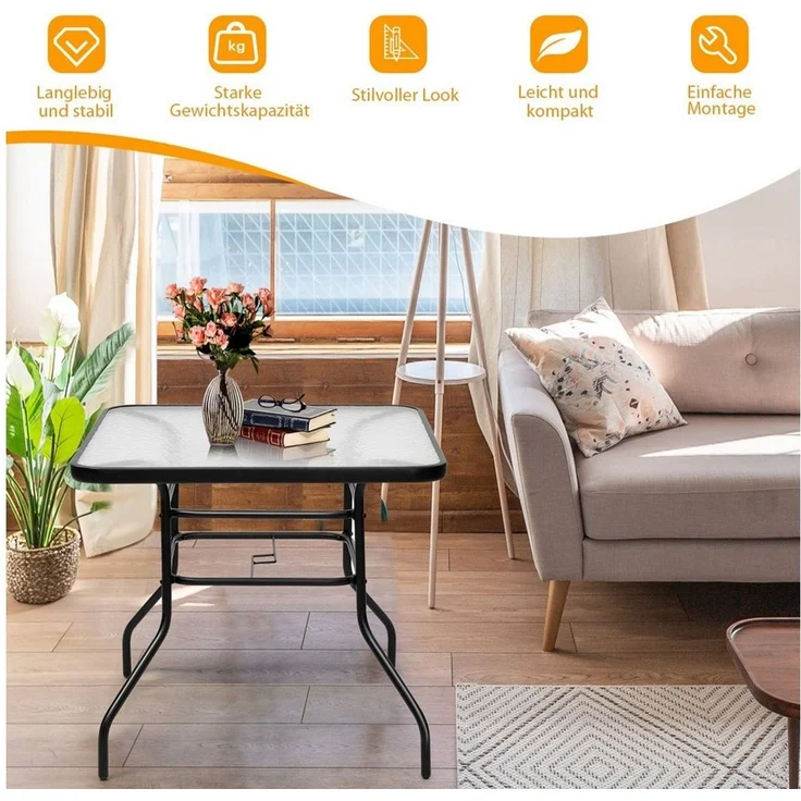 COSTWAY Bistrotisch Gartentisch mit Schirmloch und Glasplatte für den Innen- und Aussenbereich, Schwarz, 80 x 80 x 71 cm – Bild 3