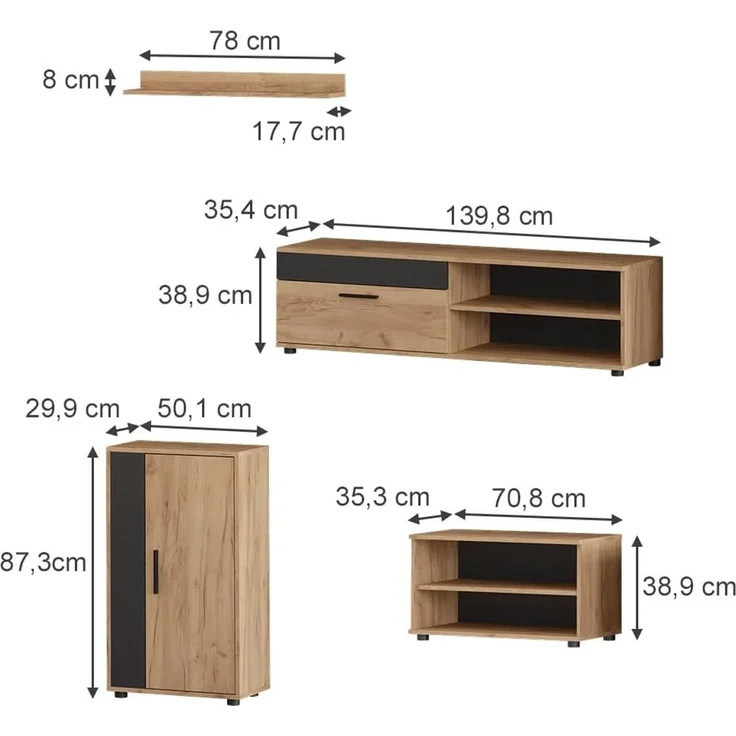 Wohnwand Berno Goldkraft Eiche/Anthrazit 4-teiliges Set Vicco – Bild 3