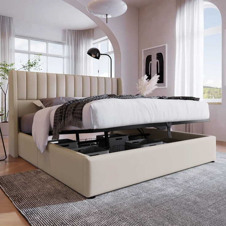 Stauraumbett Polsterbett 160x200 cm Doppelbett mit Hydrauliksystem, Lattenrost aus Holz und Metallrahmen, Leinen, Beige – Bild 4
