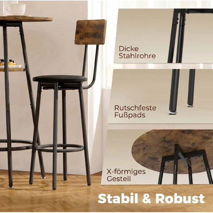 Bartisch-Set für 2 mit Ablageregal, gepolsterten Hockern und Rückenlehnen, 60x60x91 cm, Rustikalbraun – Bild 7