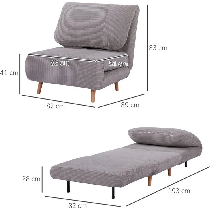 HOMCOM Sessel 2-IN-1 Schlafsessel Gästebett, verstellbare Kopfstütze Cord-Optik (Set, 1-St, 1 x Schlafsofa), mehrfach verstellbar – Bild 2