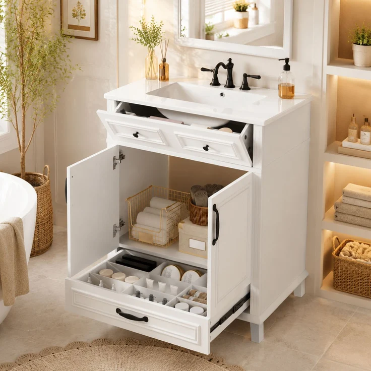 77 x 46 x 86 cm, freistehender Waschtisch, komplett lackiert, integriertes Keramikwaschbecken, 9 Ablagefächer, Doppeltürschrank mit Soft-Close-Scharnieren, weiß. – Bild 3