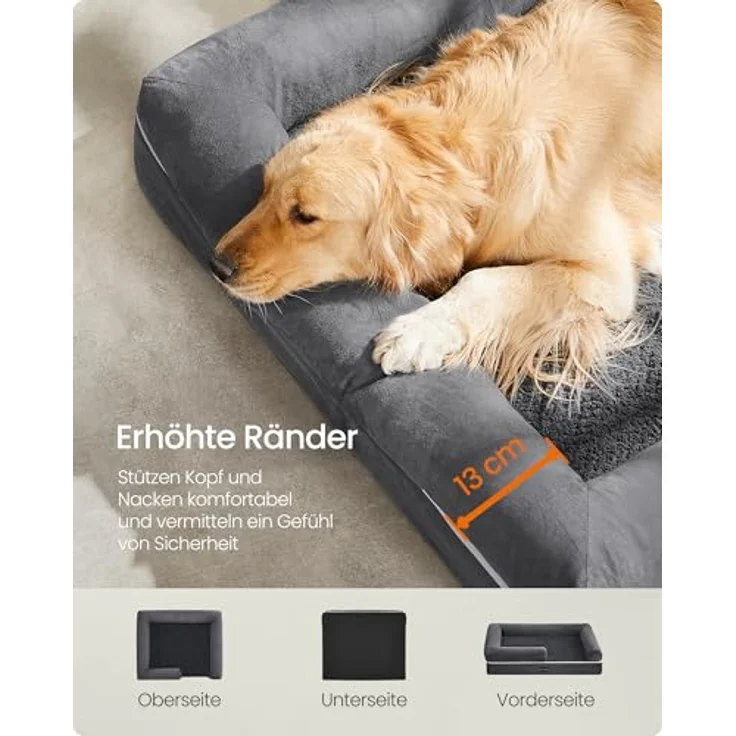 Feandrea Orthopädisches Hundebett, Hundekissen, Hundekorb, weiche Polsterung, Hundesofa, erhöhte Ränder, Bezug abnehmbar und waschbar, 112 x 86 x 18 cm, rutschfeste Unterseite, dunkelgrau PGW068G01V1 – Bild 5
