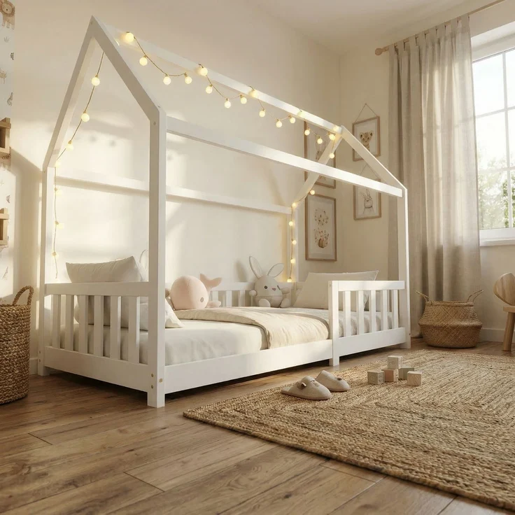 ecoMI Hausbett mit Rausfallschutz und Lattenrost, Kiefernholz weiß, 80x160 cm – Bild 2