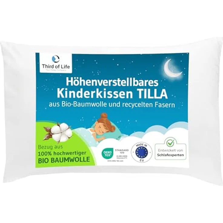 Third of Life Baumwollkissen TILLA Kinderkissen ab 2 Jahren (40×60), Füllung: 100 % recycelte Polyesterfaser (rPET), Bezug: 100 % Baumwolle (Bio), Seitenschläfer, Rückenschläfer, Bauchschläfer, Bio-Baumwolle, höhenverstellbar, atmungsaktiv, allergikerf... – Bild 2