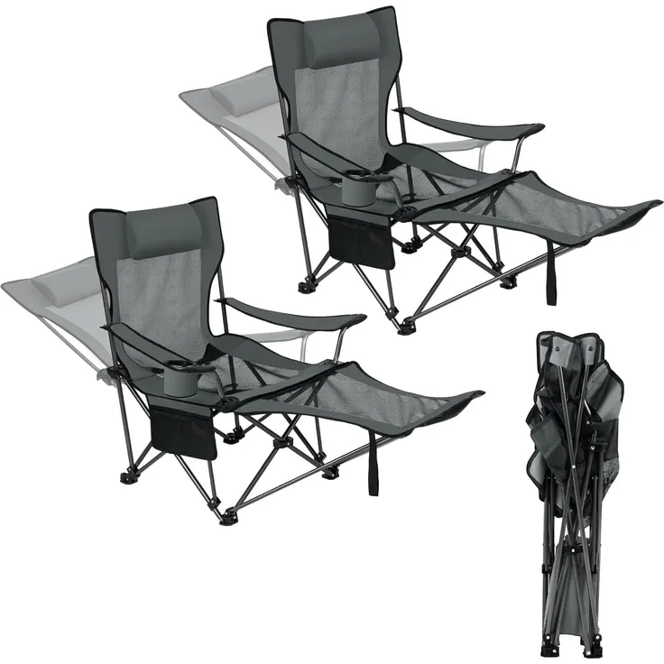 eSituro Faltstuhl Klappstuhl Campingstuhl klappbar, 2er Set, bis 150 kg, Angelstuhl Anglersessel faltbar, Campingliege mit Getränkehalter & Tragetasche, Grau