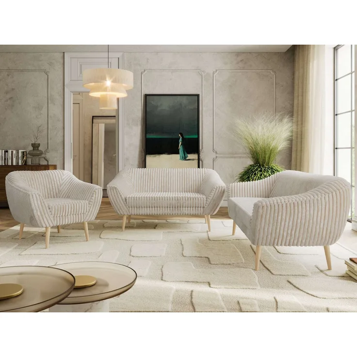 Wohnzimmerset PIRS 1-2-3, Skandinavisches Komplettset, Wellenfederung, Buche Füße, Sitzgruppe, Möbelset - Beige Cord