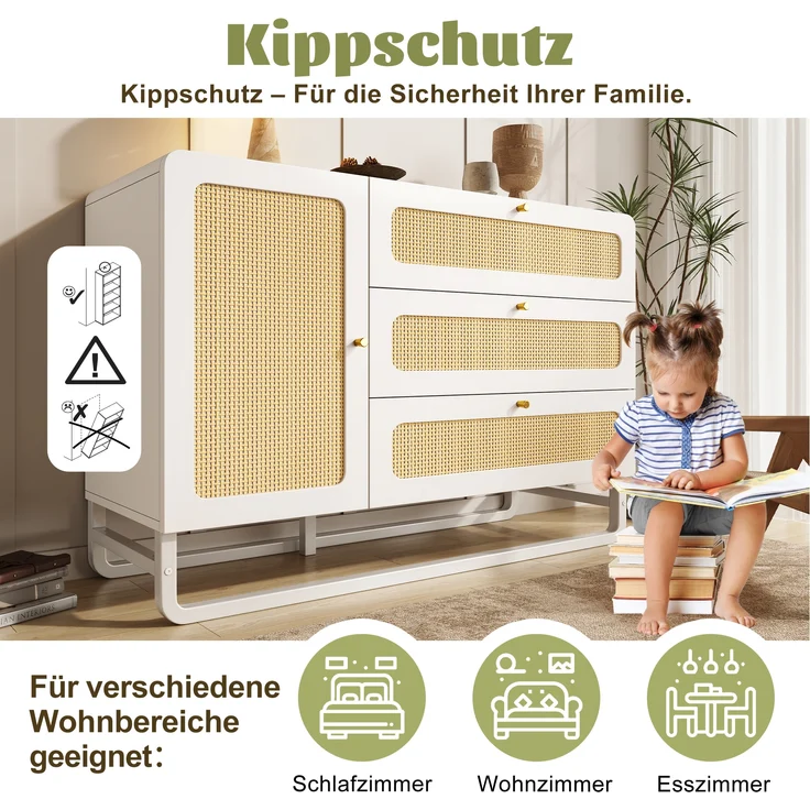Sideboard Landhausstil mit Rattan & höhenverstellbaren Böden, 120x40x85 cm, Weiß – Bild 6