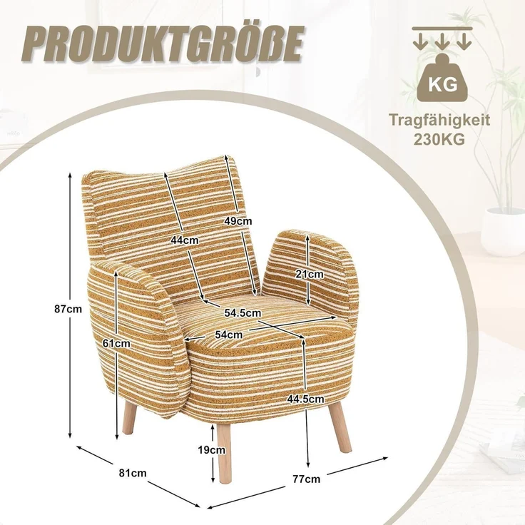 Ohrensessel Relaxsessel Lesesessel Massivholzbeine Gelb 77x81cm Gelb – Bild 2