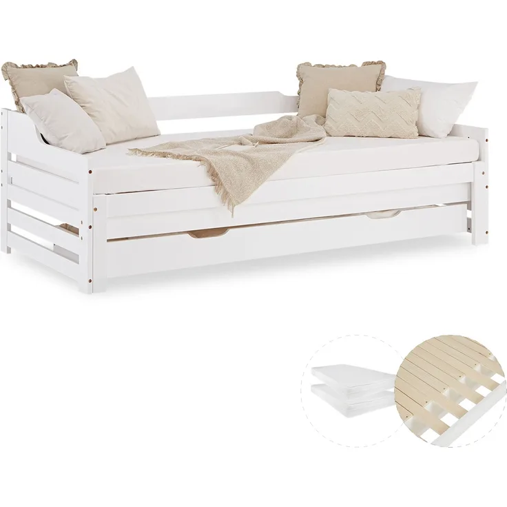 Gästebett Holzbett 90x200 cm mit 2 Matratzen Weiß Stauraum Tagesbett ausziehbar Jugendbett Ausziehbett Bett mit Bettkasten
