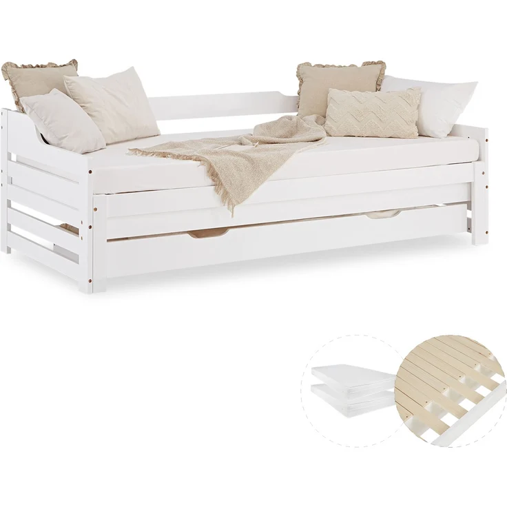 Gästebett Holzbett 90x200 cm mit 2 Matratzen Weiß Stauraum Tagesbett ausziehbar Jugendbett Ausziehbett Bett mit Bettkasten – Bild 1
